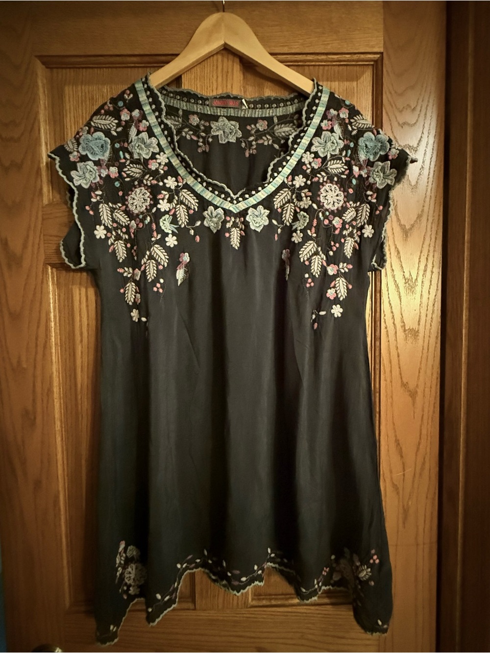Johnny Was Navy Embroidered Floral V-Neck Blouse - size Medium